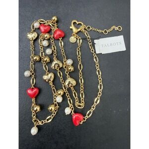 Talbots Heart Pearl Crystal Necklace Red Enamel Station Long‎ Gold Tone Link